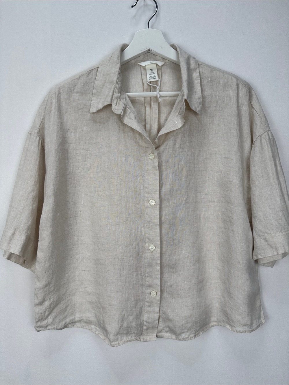 H&M 100% Linen Beige Casual Button Front Shirt Women Size Small